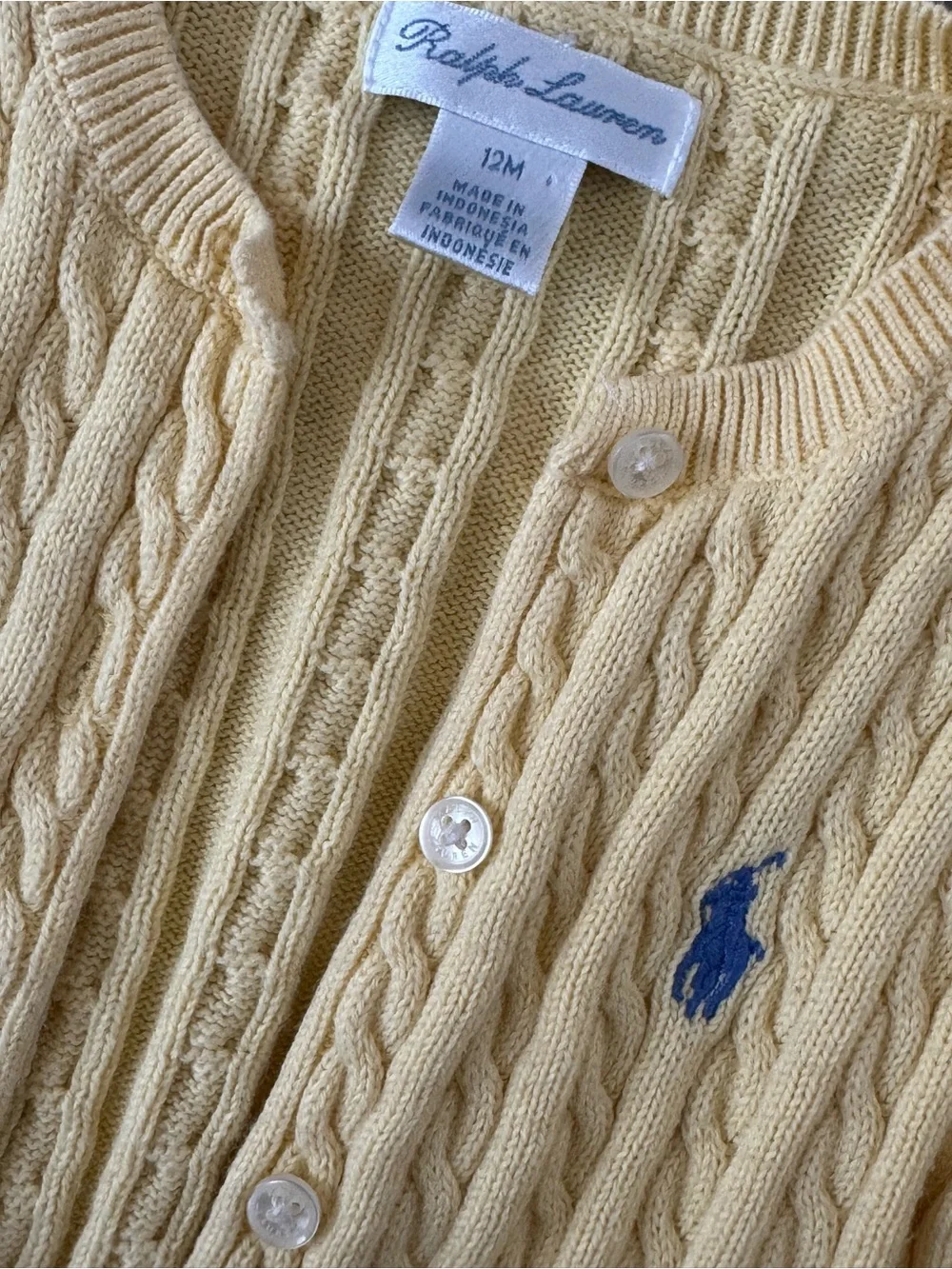 Ralph Lauren Kids Pale Yellow Cable Knit Cardigan with Pony Logo